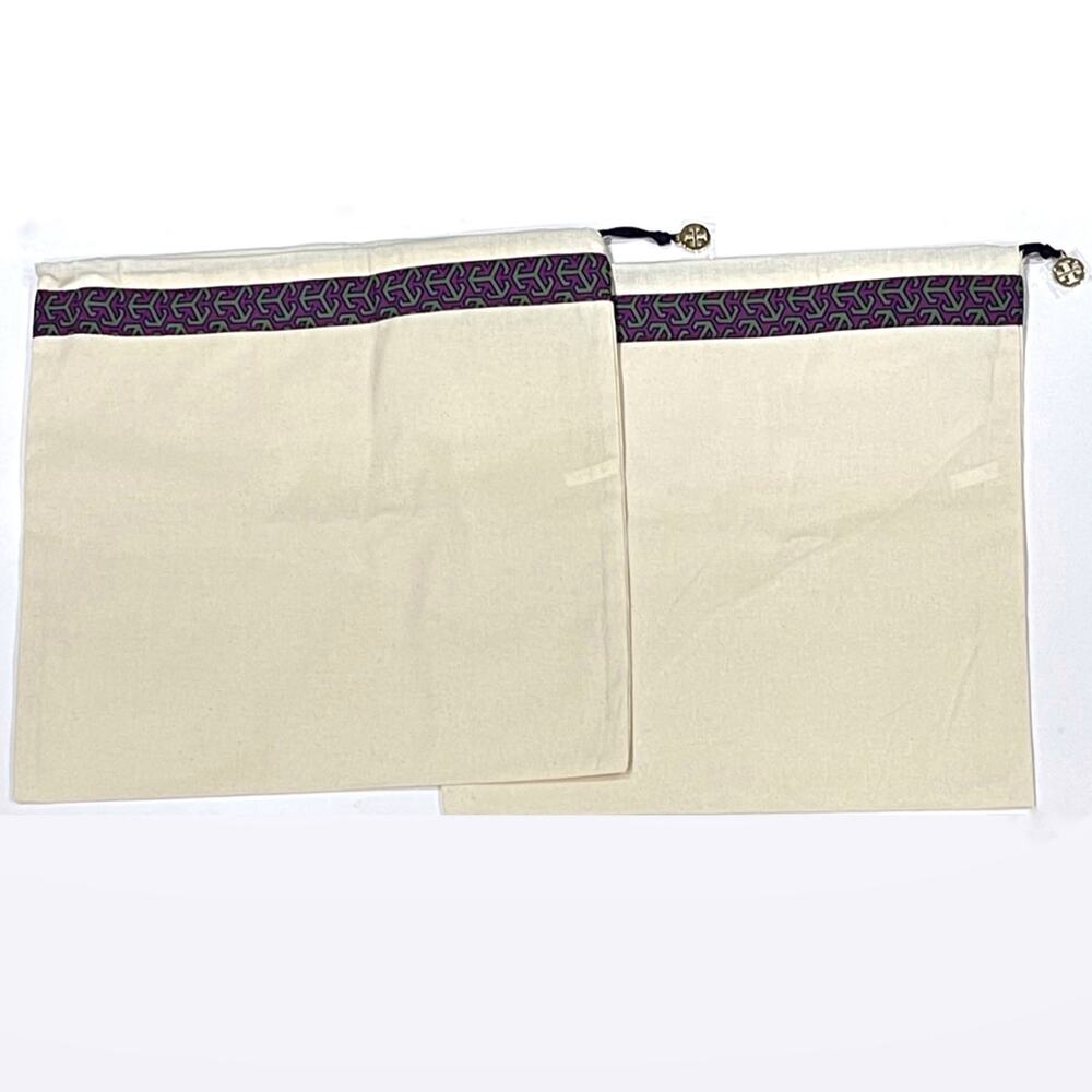 NEW 2 Tory Burch Canvas Drawstring Dust Bag Storage Travel Gold Logo Charm Pull